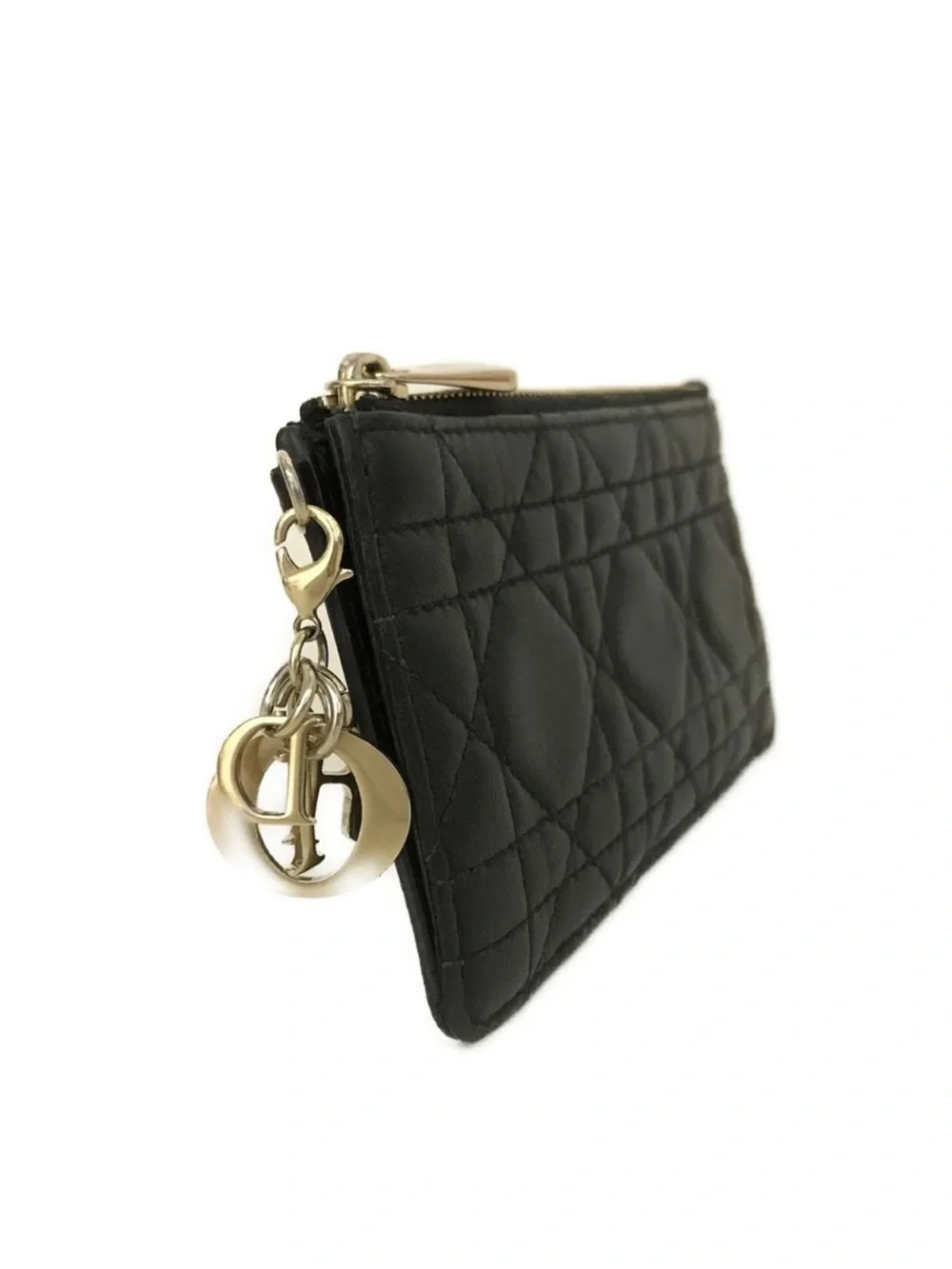 Dior Black Cannage Zip Pouch Card Wallet with Gold Hardware